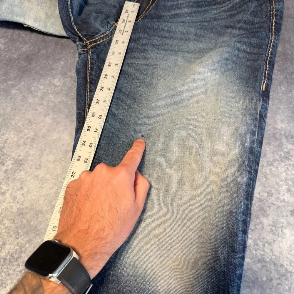 Express Jeans Blake Loose Fit Boot Cut Mens 36x34 Blue Distressed Heavy Stitch
